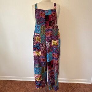 Patchwork Prairie Boho Indie Cotton Bib Overalls Jumpsuit Women L Multicolor